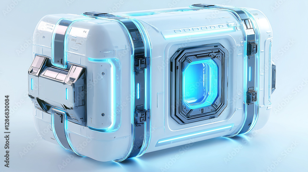 Poster futuristic container glowing with blue light on white background
