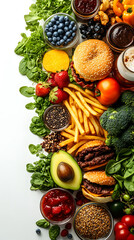 Fresh Produce and Fast Food Displayed on a White Background Showcasing a Colorful Platter of Healthy and Indulgent Options