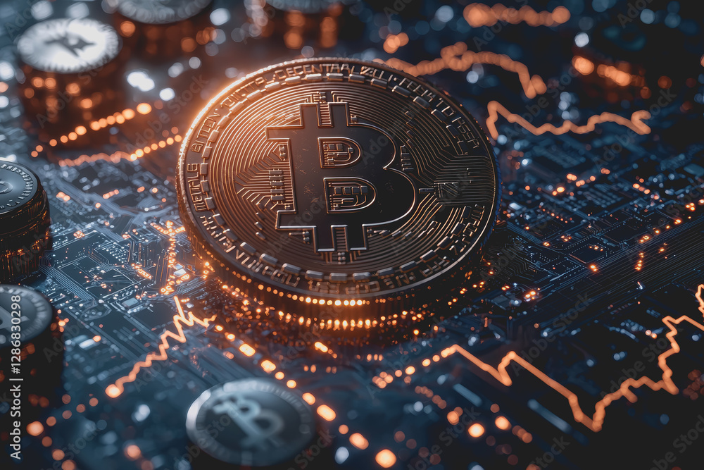 Poster bitcoin coin resting on a computer circuit board with electronic components and connectors