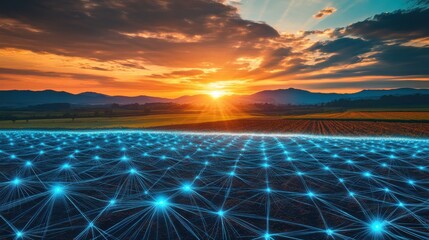 Stunning Sunset Over Rural Landscape with Digital Network Connections and Bright Illuminations
