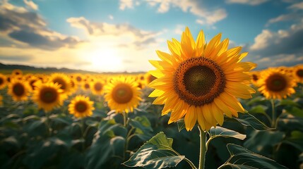 Fototapeta premium Vibrant Sunflower Field Under a Clear Blue Sky, Capturing the Beauty of Summer – Generative AI