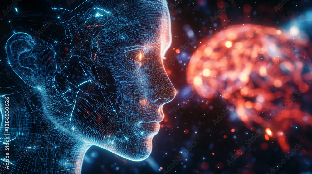 Poster a digital wireframe of a human face with glowing blue and red neural network connections, symbolizin