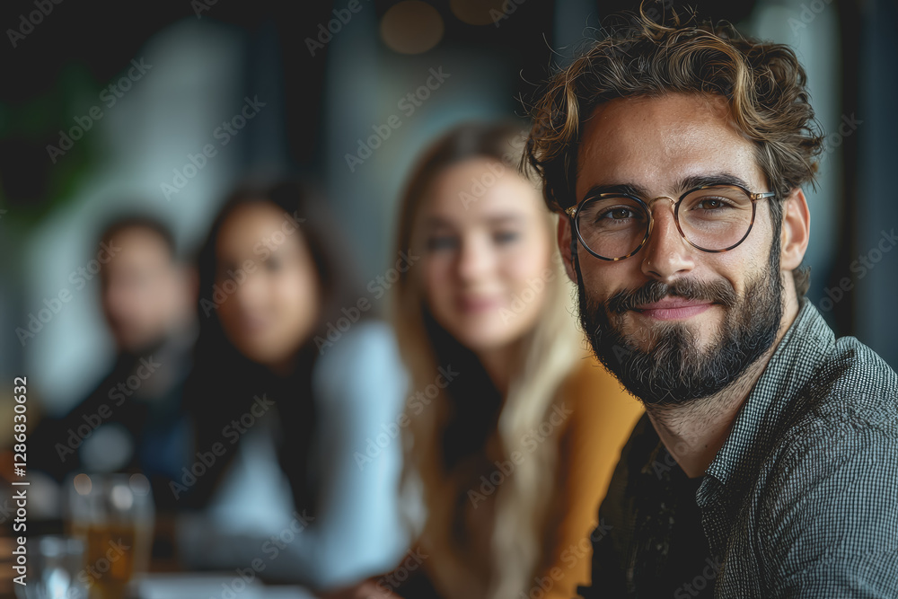 Aufkleber smiling man with glasses and beard posing for the camera in a casual setting