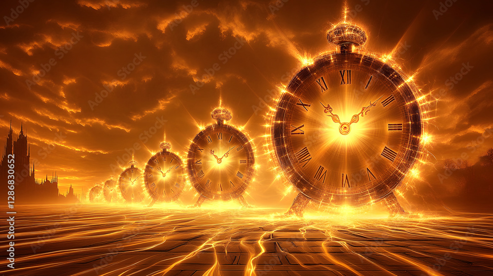 Poster surreal abstraction of time featuring a clock with a clock face surrounded by abstract elements