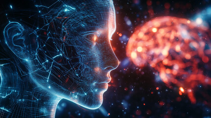 A digital wireframe of a human face with glowing blue and red neural network connections, symbolizing artificial intelligence and human cognition, with a neural brain in the background.