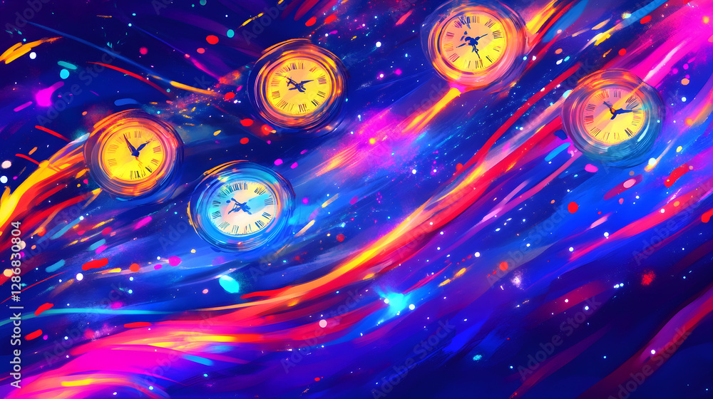 Poster colorful abstract background featuring clocks stars and surreal elements representing the passage of