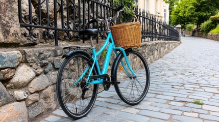 A vintage blue bicycle rests against a rustic fence on a cobblestone path, evoking nostalgia and charming countryside simplicity.