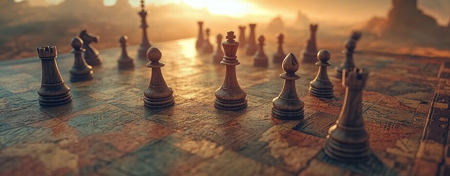 A photo manipulation showing humans as chess pieces on a map of the world, devising strategies for managing the global population