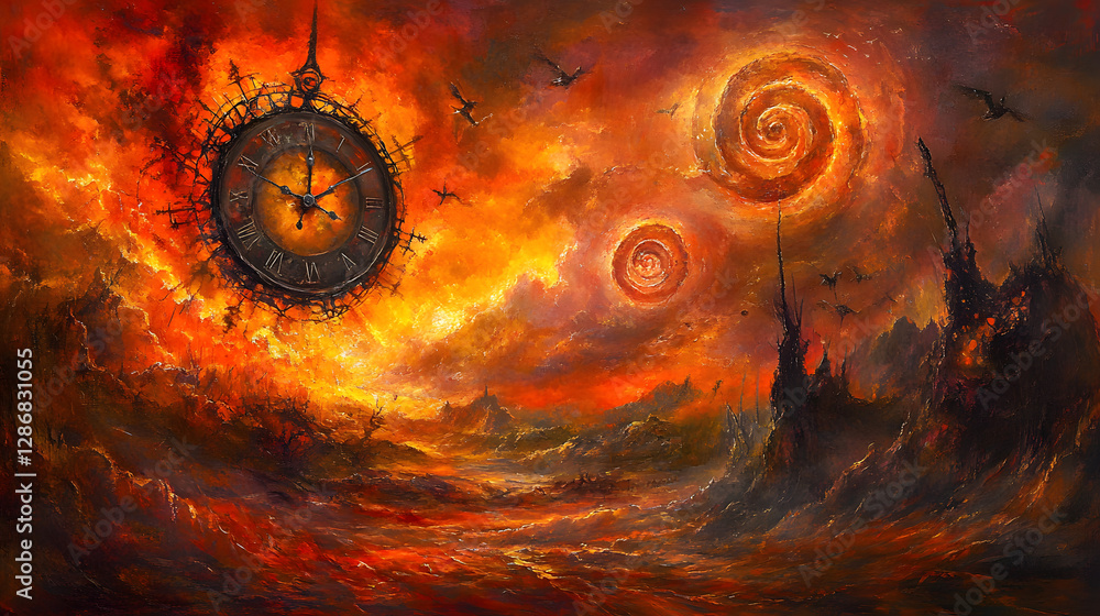 Poster surreal painting of a clock engulfed in flames surrounded by colorful tulips and abstract elements