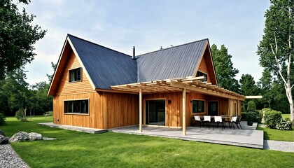 Obraz premium a modern wooden house with a black roof and deck surrounded by trees.
