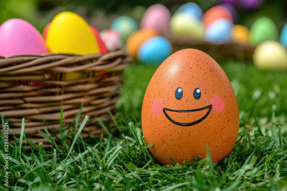 Poster an easter egg with a cute face and a smiling mouth, sitting on the green grass in front of an easter