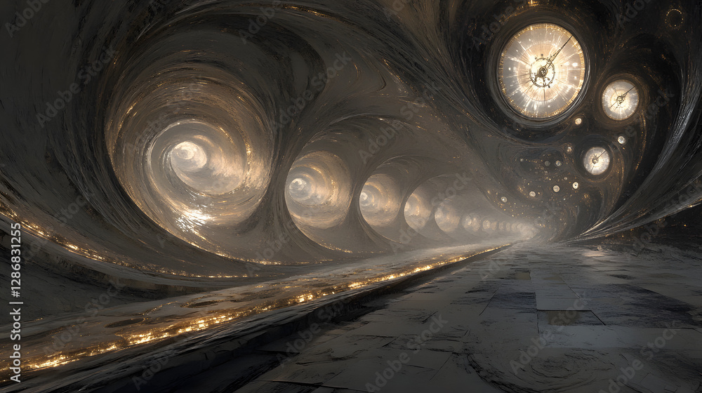 Aufkleber train traveling through a tunnel surrounded by abstract elements representing the passage of time