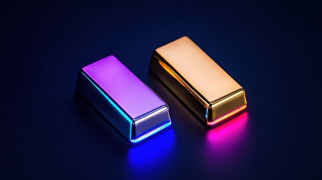 Glowing Silver and Gold Bars. Silver and gold bars glowing softly in a dark room, with neon light accents on the edges, giving them a modern, high-tech look.