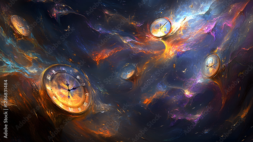 Poster surreal abstract clock in colorful space with tulips and imaginative design elements