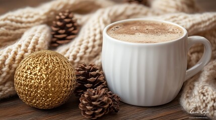 Cozy winter coffee scene with knitted blanket, pine cones, and gold ornament