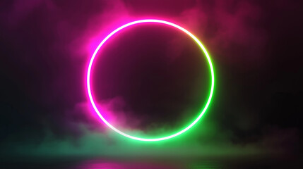 Glowing neon circle illuminating colorful smoke in dark background