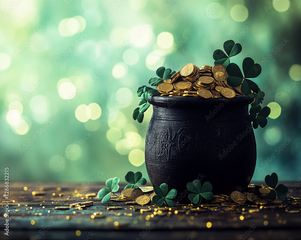 Poster a black pot overflowing with gold coins and surrounded by clover leaves, symbolizing st. patrick's d