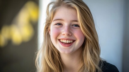 Obraz premium A joyful young blonde girl radiates happiness, embodying pure and carefree innocence. 