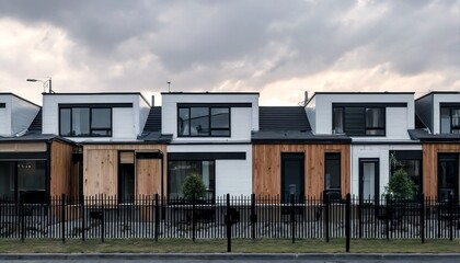 A modern duplex residence with a sleek design and a black fence.