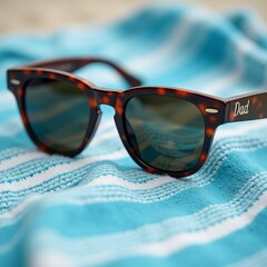 pair sunglasses resting blue white striped towel sunglasses tortoiseshell frame word dad written white capital letters temples lenses dark appear polarized background blurred appears beach outdoor