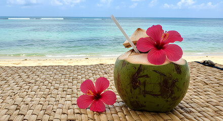 Coconut drink with flowers on a beach mat, ocean in the background.