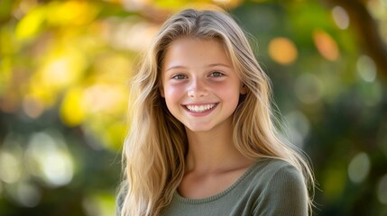 Naklejka premium A joyful young blonde girl radiates happiness, embodying pure and carefree innocence. 
