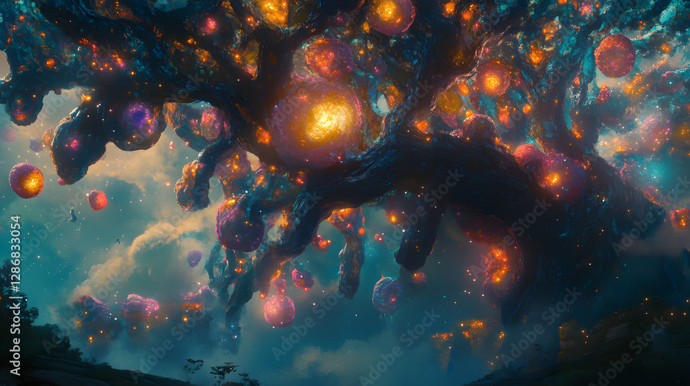 Poster large tree adorned with colorful lights against a surreal abstract sky with vibrant colors and shape