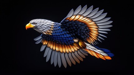 Fototapeta premium A striking eagle silhouette with glowing wings, feathers softly illuminated in gold and silver against a dark sky.