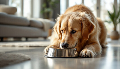 A golden retriever enjoys its meal in a cozy, modern home, with natural light highlighting its content expression.