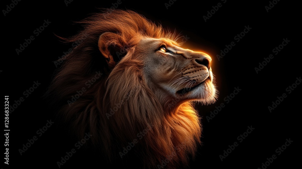 Poster a lion's face softly illuminated with a golden light, the warm glow wrapping around its mane, creati