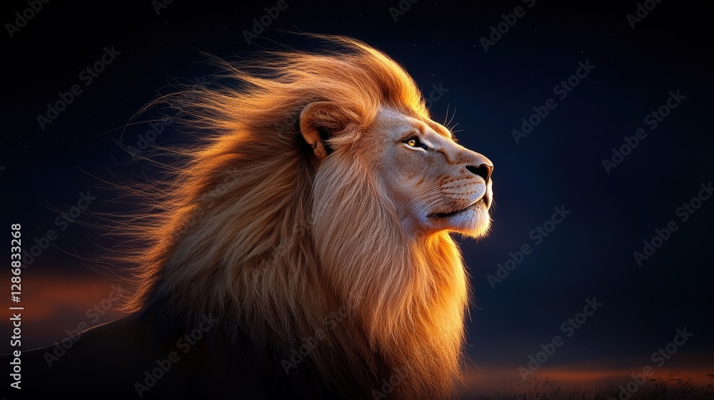 Poster a lion's face softly illuminated with a golden light, the warm glow wrapping around its mane, creati