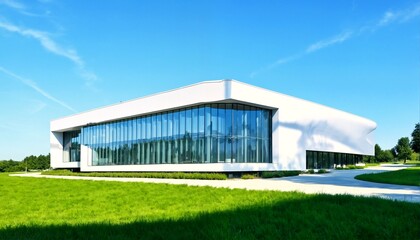 Fototapeta premium a modern building featuring floor-to-ceiling glass walls and large windows set against a backdrop of lush greenery and a clear blue sky.