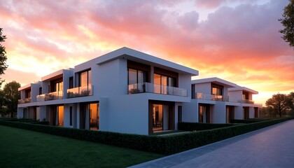 Modern white buildings with large windows and balconies set against a vibrant pink sky.