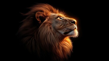Fototapeta premium A lion's face softly illuminated with a golden light, the warm glow wrapping around its mane, creating an aura of strength in the dark