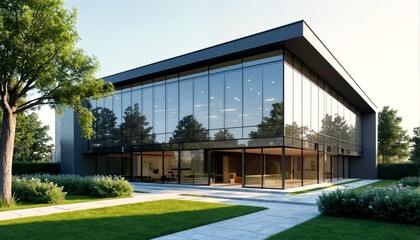 A modern glass building with a tree and grass outside.