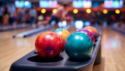 Four vibrant bowling balls sit ready on a sleek return system in a lively, modern bowling alley.

