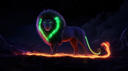 A striking silhouette of a lion, with electric green and bright yellow lights surrounding it, casting an energetic aura against the dark void.