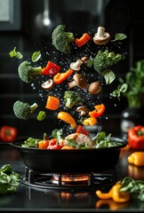 Colorful Array of Fresh Vegetables in Mid-Air Above a Frying Pan Ready for Cooking on a Stylish Kitchen Countertop