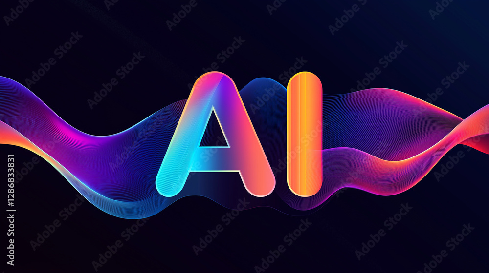 Poster Artificial intelligence ai symbol emerging from colorful waves on dark background