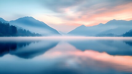 Serene Misty Lake Surrounded by Mountains at Dawn with Pastel Reflections &ndash; Generative AI