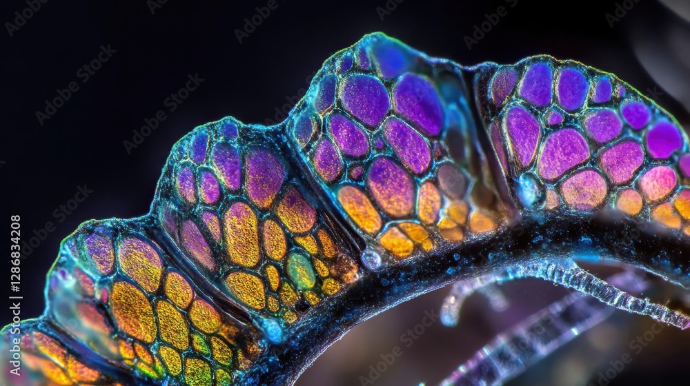 Poster colorful macro detail of a leaf structure with intricate patterns and vibrant iridescence