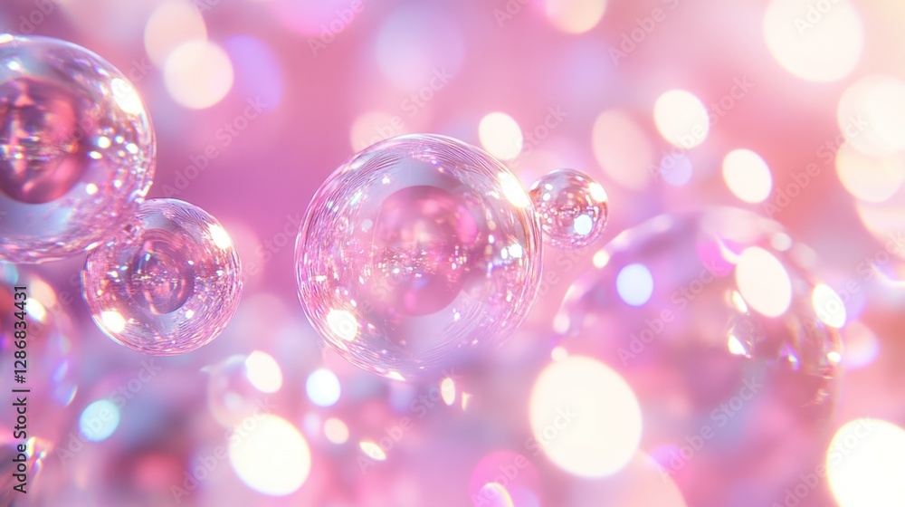 Poster floating transparent spheres with reflective surfaces and soft pink bokeh background