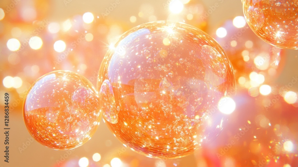 Poster floating luminous spheres with golden highlights and sparkling particles abstract