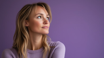 Fototapeta premium Thoughtful Portrait of a Caucasian Woman in Her 30s Gazing to the Side Against a Soft Lavender Background