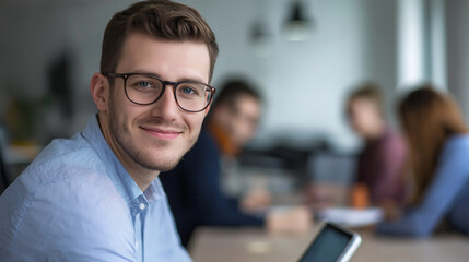Young businessman smiling in office with colleagues working in background