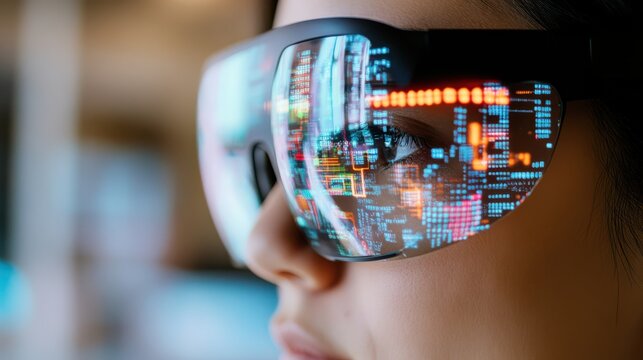 Reflections of vivid data streams across futuristic VR glasses, as a person delves into an immersive digital world.