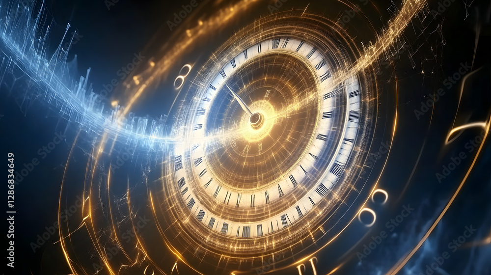 Aufkleber surreal abstract clock with glowing lights in the center surrounded by vibrant colorful elements