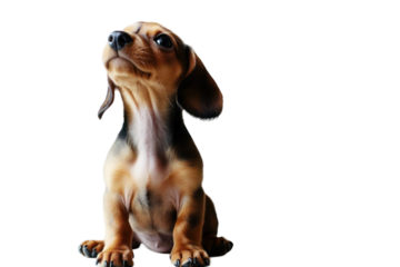 Adorable [animal] puppy sitting and looking up with captivating eyes against a dark background