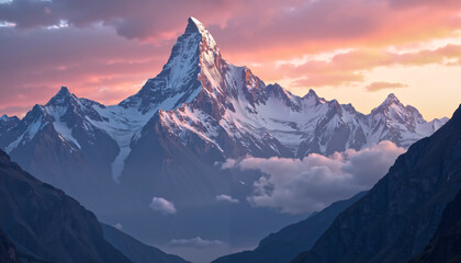 Majestic Snow Capped Mountain Peak at Sunrise Dramatic Himalayan Landscape