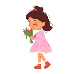 Cute little girl with bouquet of spring flowers Happy child rejoices at red tulips Cartoon character design for Mother's Day or Women's Day greeting card, flyer, invitation Flat vector illustration